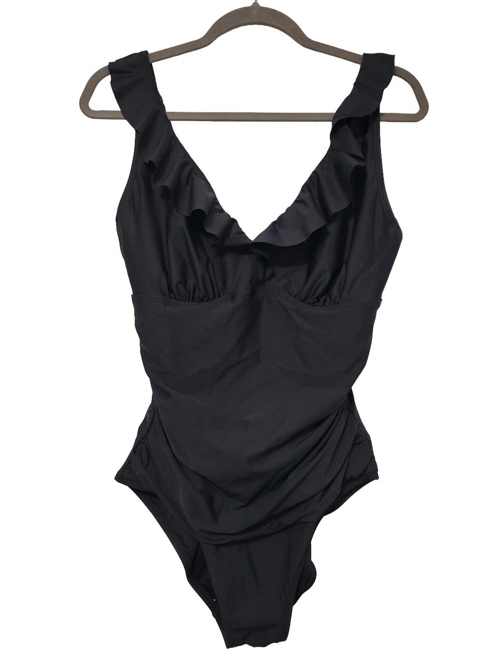 DKNY Women's Solid Black Ruffle Plunge One Piece Swimsuit Sz L Adjustable Beach - Picture 2 of 11